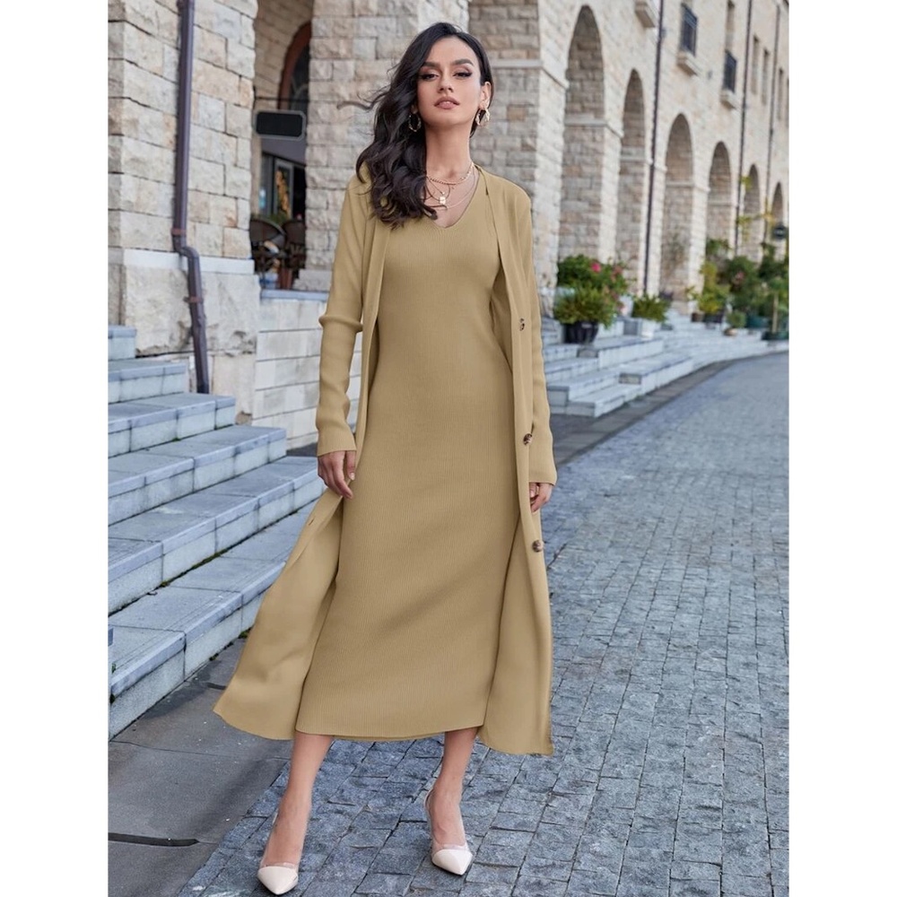 2 Piece Set: Knit Midi Pencil Dress and Long Cardigan Button Through - Picture 4 of 13